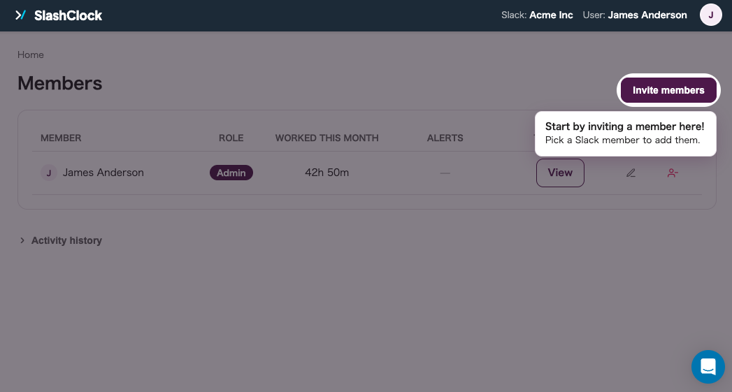 Dashboard screen for adding a member