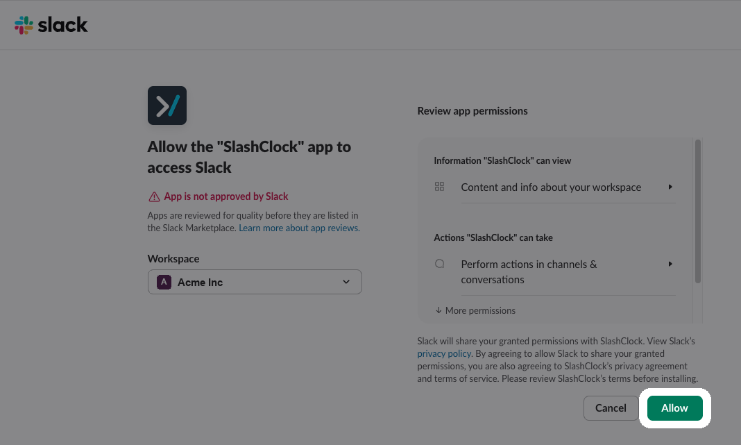 Slack app permissions screen with the Allow button highlighted
