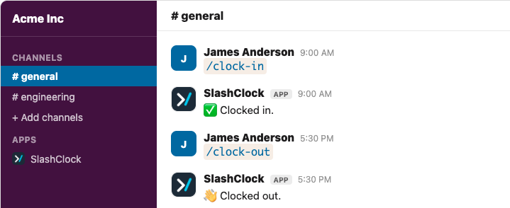 Slack slash command screen for clocking in